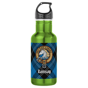 Clan Ramsay Crest over Blue Hunting Tartan 532 Ml Water Bottle