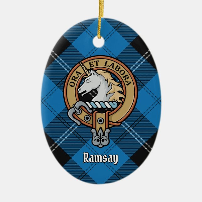 Clan Ramsay Crest over Blue Hunting Tartan Ceramic Tree Decoration (Front)