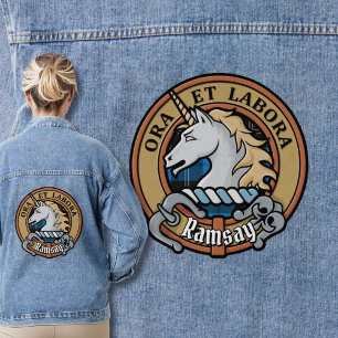 Clan Ramsay Crest over Blue Hunting Tartan Denim Jacket