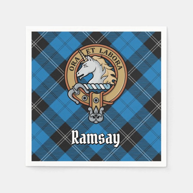 Clan Ramsay Crest over Blue Hunting Tartan Napkin (Front)