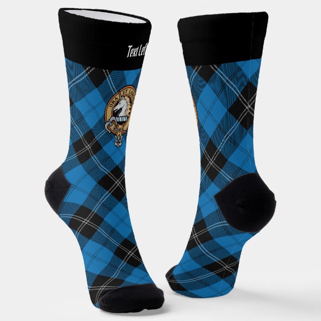 Clan Ramsay Crest over Blue Hunting Tartan Socks (Angled)