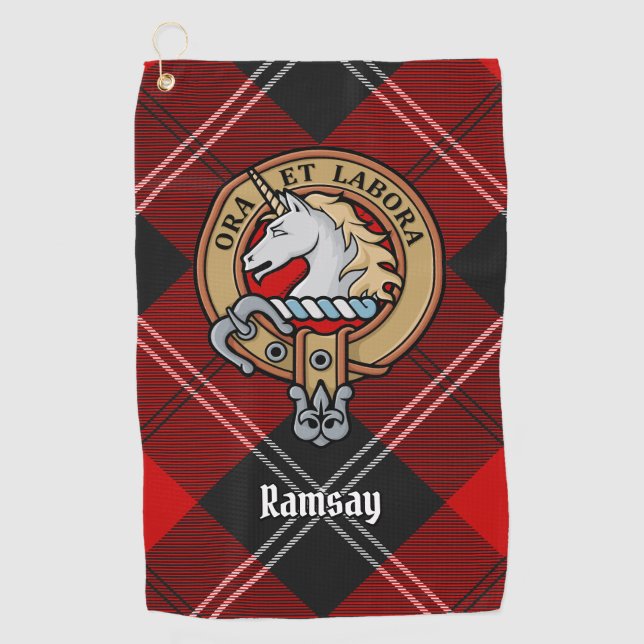 Clan Ramsay Crest over Red Tartan Golf Towel (Front)