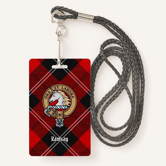 Clan Ramsay Crest over Red Tartan ID Badge (Front with Lanyard)