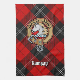 Clan Ramsay Crest over Red Tartan Tea Towel