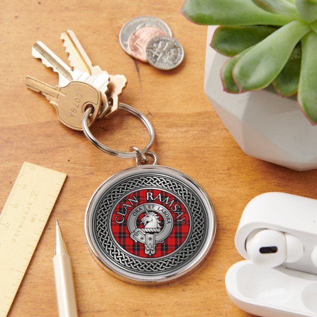 Clan Ramsay Crest & Tartan Knot Key Ring (Desk)