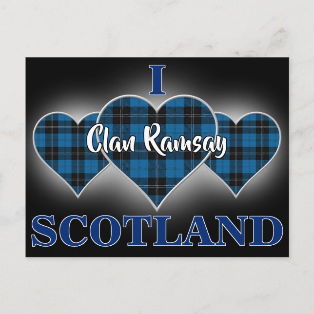 Clan Ramsay I Love Scotland Blue and Black Tartan Postcard (Front)