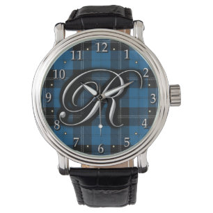 Clan Ramsay Ramsey Letter R Monogram Blue Tartan Watch