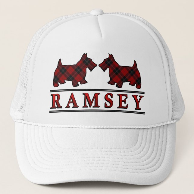 Clan Ramsay Ramsey Tartan Scottie Dogs Trucker Hat (Front)