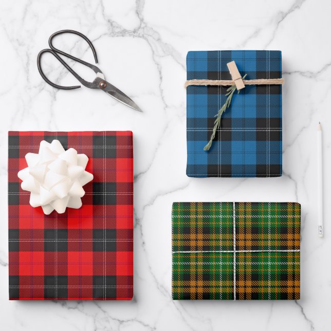 Clan Ramsay Red Blue and Orange Hunting Tartan Wrapping Paper Sheet (Front)