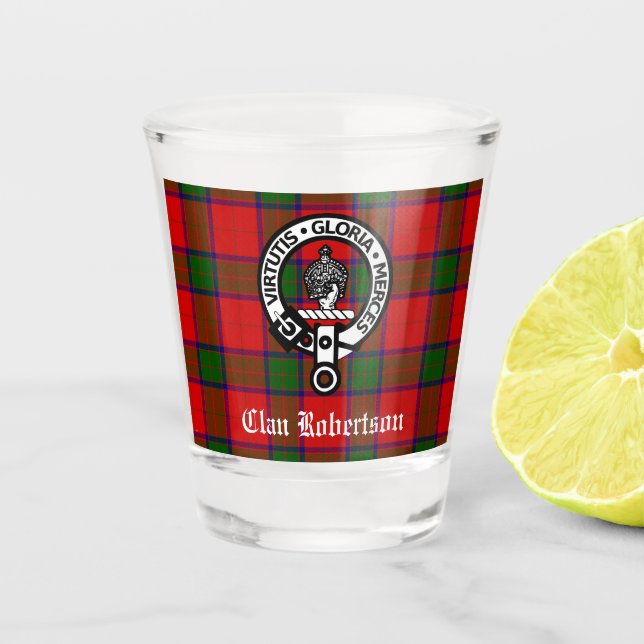 Clan Robertson Crest Badge & Tartan  Shot Glass (Front)