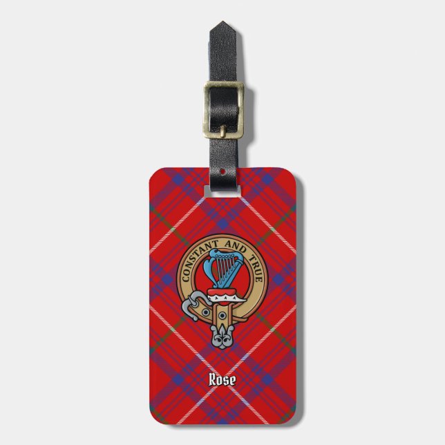 Clan Rose Crest over Tartan Luggage Tag (Front Vertical)