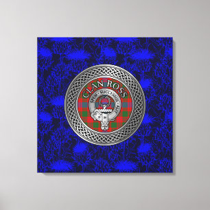 Clan Ross Crest & Tartan Knot on Thistle Canvas Print
