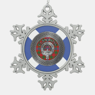 Clan Ross Crest & Tartan Knot Snowflake Pewter Christmas Ornament