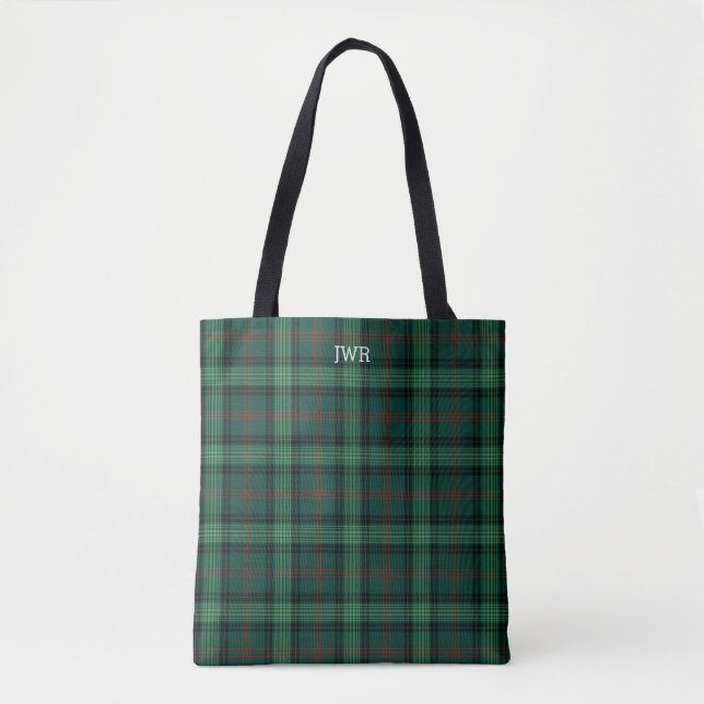 Clan Ross Hunting Tartan Green Plaid Monogram Tote Bag (Front)