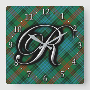 Clan Ross Letter R Monogram Blue Green Tartan Square Wall Clock