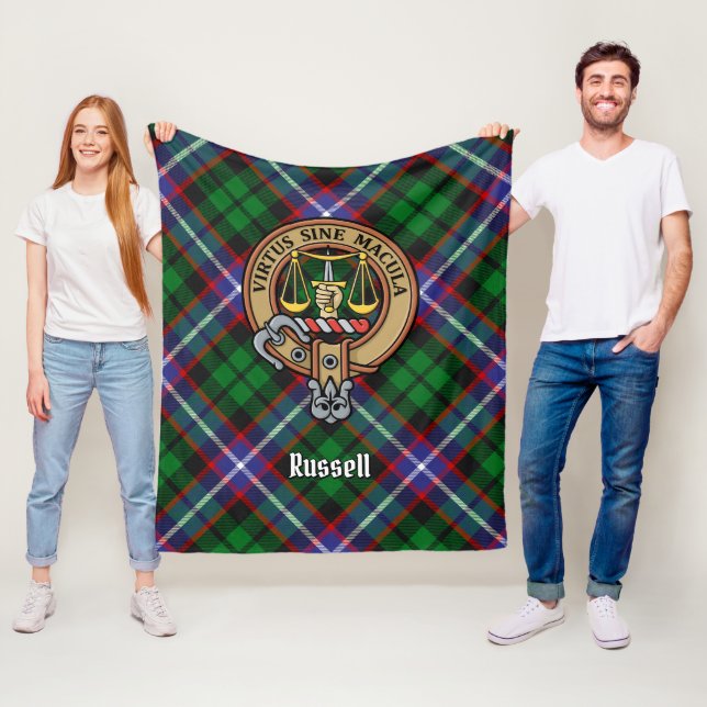 Clan Russell Crest over Tartan Fleece Blanket (In Situ)