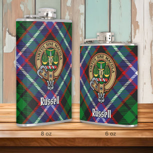 Clan Russell Crest over Tartan Hip Flask