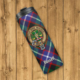 Clan Russell Crest over Tartan Thermal Tumbler
