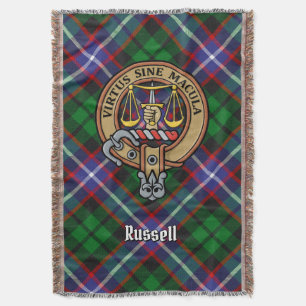 Clan Russell Crest over Tartan Throw Blanket