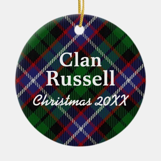 Clan Russell Scottish Tartan Ceramic Tree Decoration (Front)