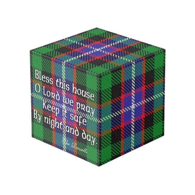 Clan Russell Tartan House Blessing Cube (Front Angled)