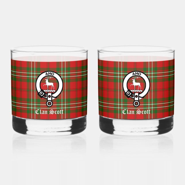 Clan Scott Crest Badge & Tartan Customisable Whiskey Glass (Front)