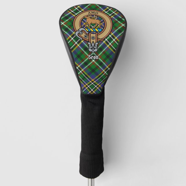 Clan Scott Crest over Green Tartan Golf Head Cover (Front)