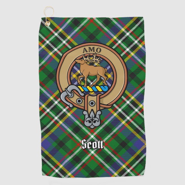 Clan Scott Crest over Green Tartan Golf Towel (Front)