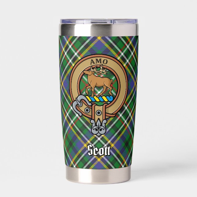Clan Scott Crest over Green Tartan Insulated Tumbler (Front)