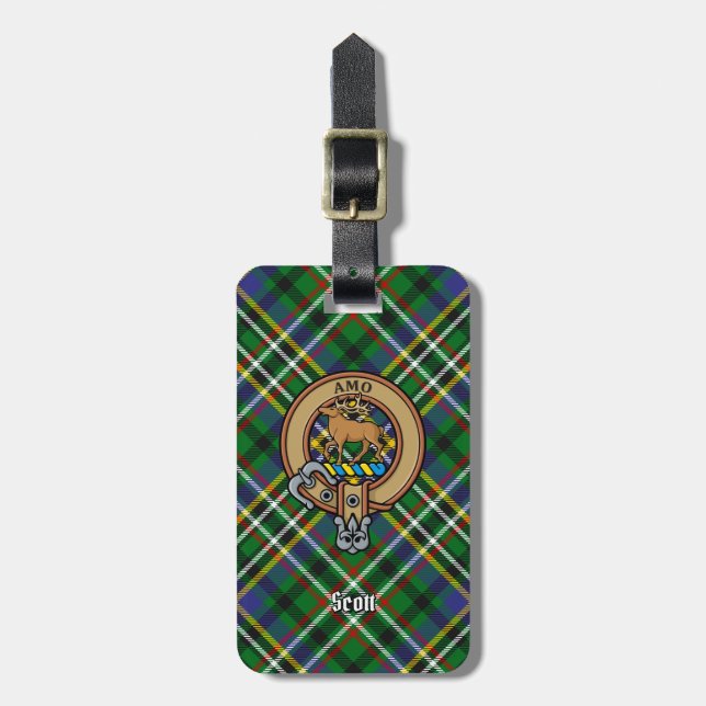 Clan Scott Crest over Green Tartan Luggage Tag (Front Vertical)