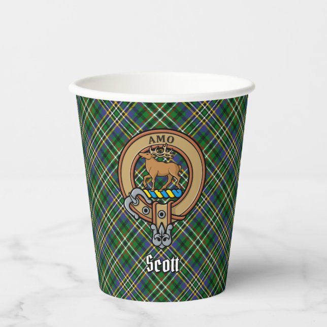 Clan Scott Crest over Green Tartan Paper Cups (Front)