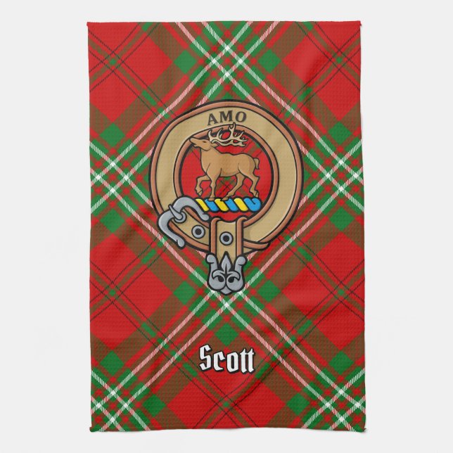 Clan Scott Crest over Red Tartan Kitchen Towel (Vertical)