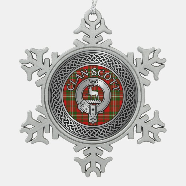 Clan Scott Crest & Tartan Knot Snowflake Pewter Christmas Ornament (Front)
