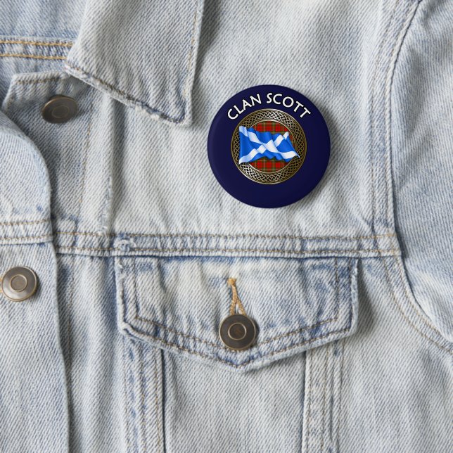 Clan Scott Tartan Knot & Flag 6 Cm Round Badge (In Situ)