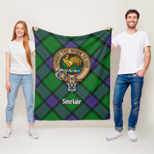 Clan Sinclair Crest over Hunting Tartan Fleece Blanket