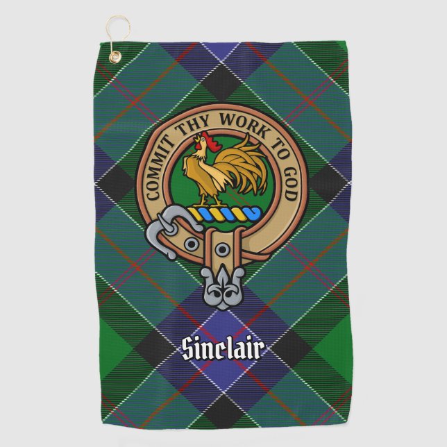 Clan Sinclair Crest over Hunting Tartan Golf Towel (Front)