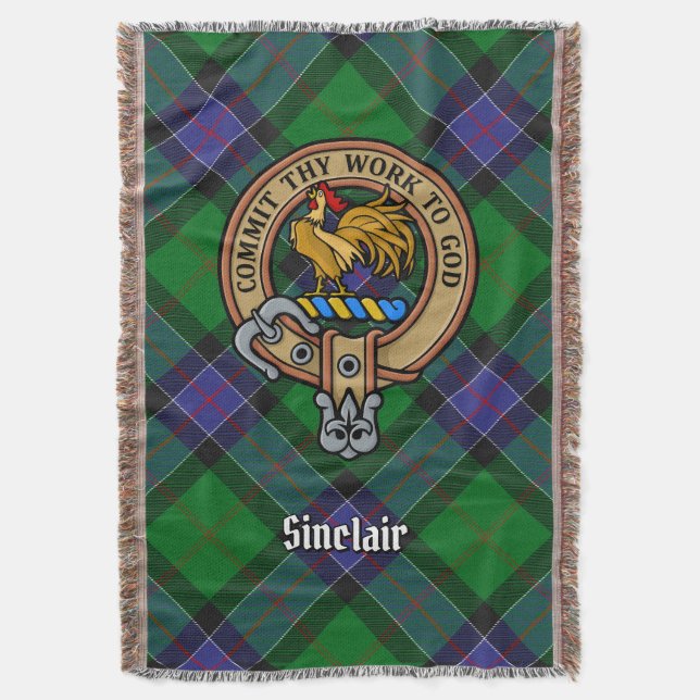 Clan Sinclair Crest over Hunting Tartan Throw Blanket (Front Vertical)