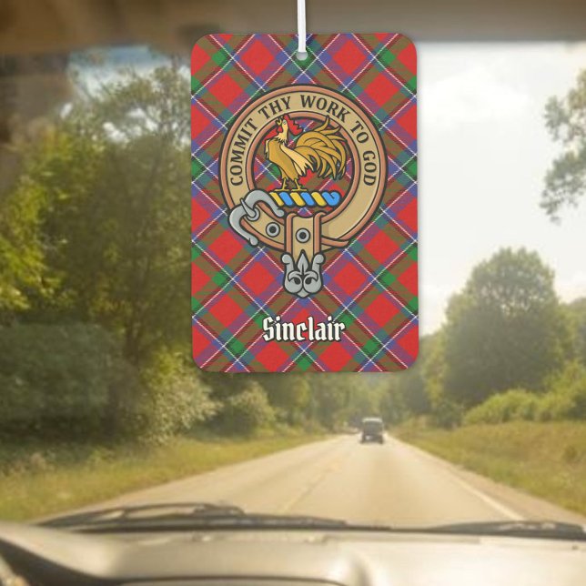 Clan Sinclair Crest over Red Tartan Car Air Freshener (Creator Uploaded)