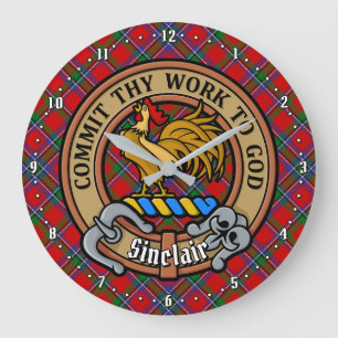 Clan Sinclair Crest over Red Tartan Large Clock