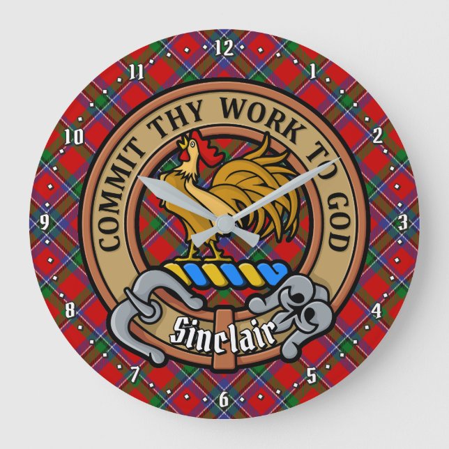 Clan Sinclair Crest over Red Tartan Large Clock (Front)