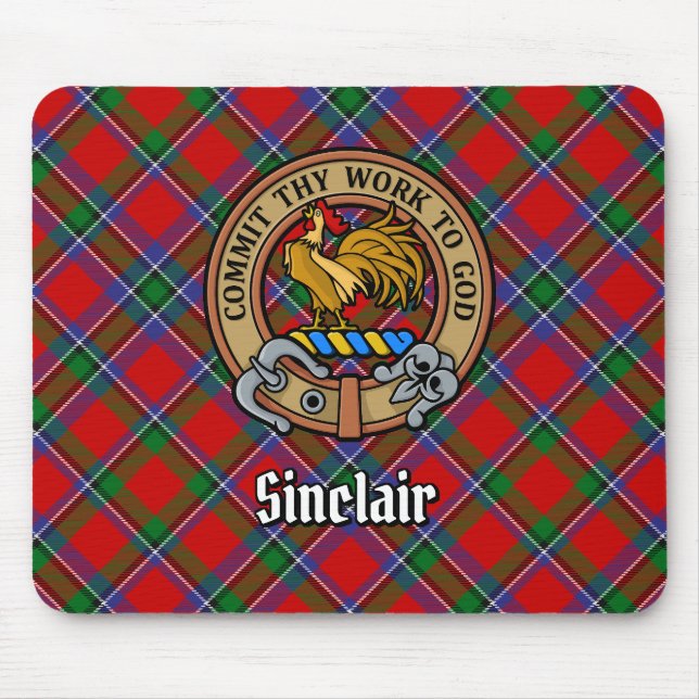 Clan Sinclair Crest over Red Tartan Mouse Mat (Front)