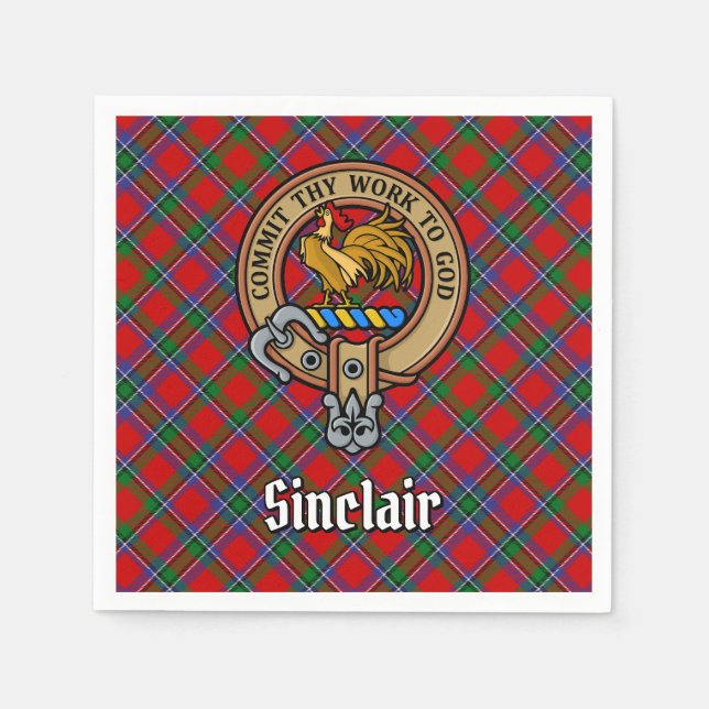 Clan Sinclair Crest over Red Tartan Napkin (Front)