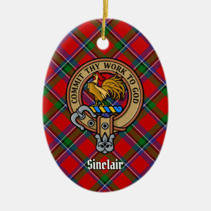Clan Sinclair Crest over Tartan Ceramic Tree Decoration