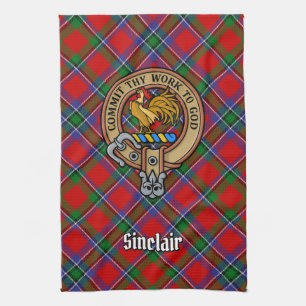 Clan Sinclair Crest over Tartan Tea Towel
