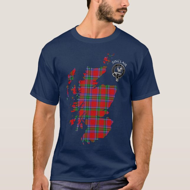 Clan Sinclair Tartan Map & Crest T-Shirt (Front)