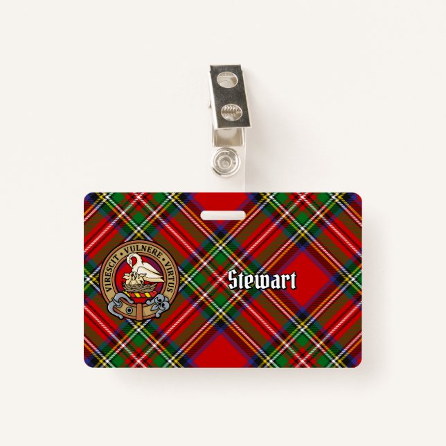 Clan Stewart Crest over Royal Tartan ID Badge (Front with Clip)