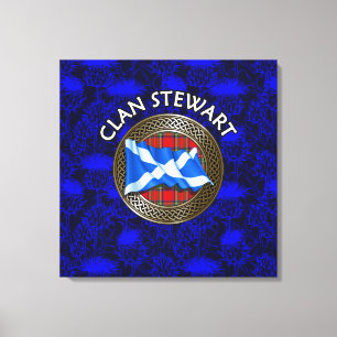 Clan Stewart Crest & Tartan Knot on Thistle Canvas Print