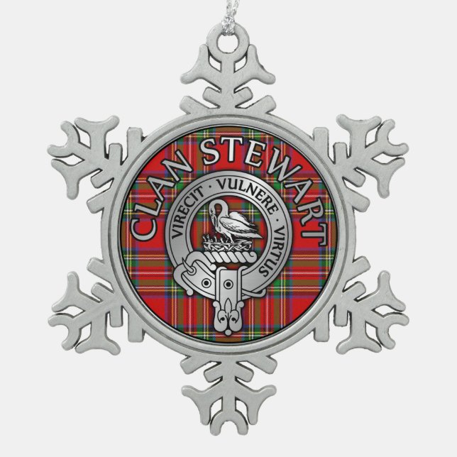Clan Stewart Crest & Tartan Snowflake Pewter Christmas Ornament (Front)
