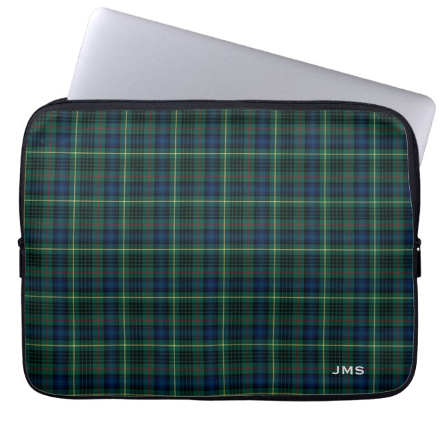 Clan Stewart Hunting Tartan Green Plaid Monogram Laptop Sleeve (Front)