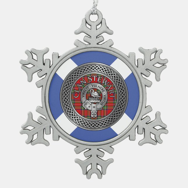 Clan Stewart | Stuart Crest & Tartan Knot Snowflake Pewter Christmas Ornament (Front)